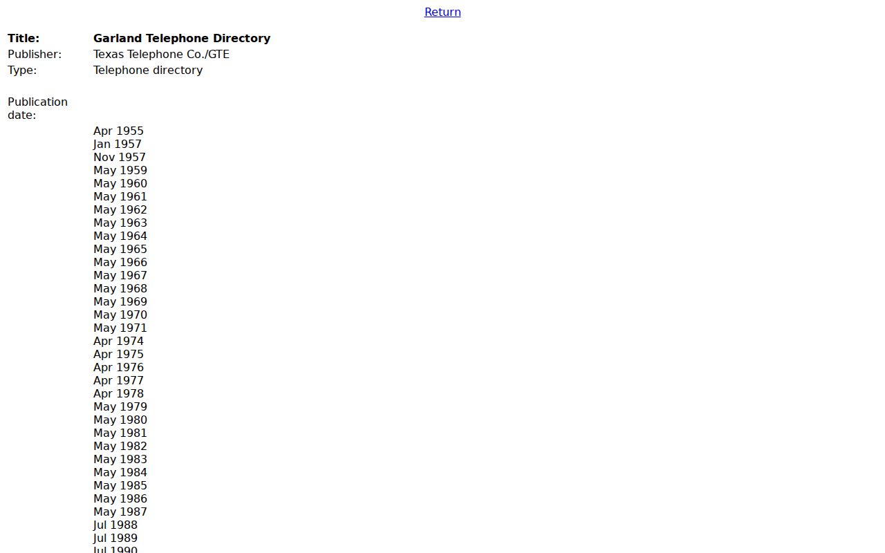 Garland city directory telephone collection citation at UT Austin