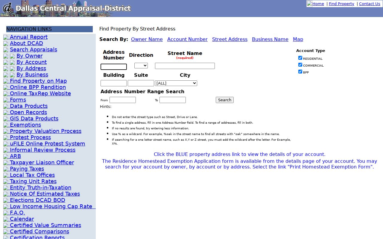 Garland residents directory DCAD address search fields