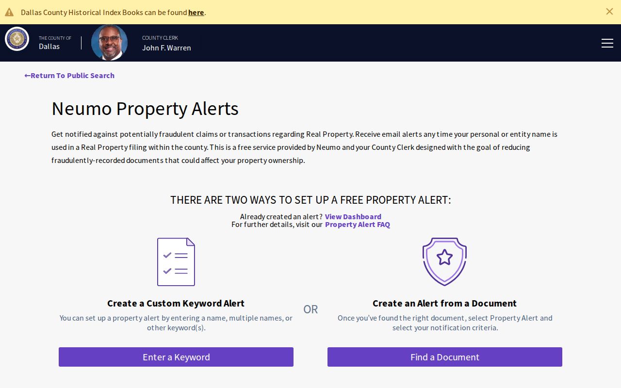 Garland neighbors Dallas County property alert records screen